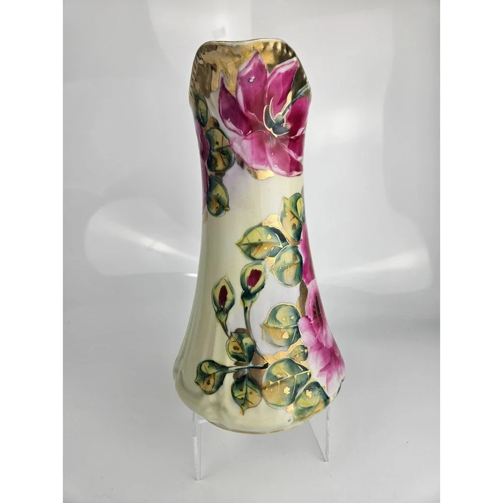 Vintage Hand Painted Rose‎ Porcelain Pitcher Gold Gilt Trim Wow!